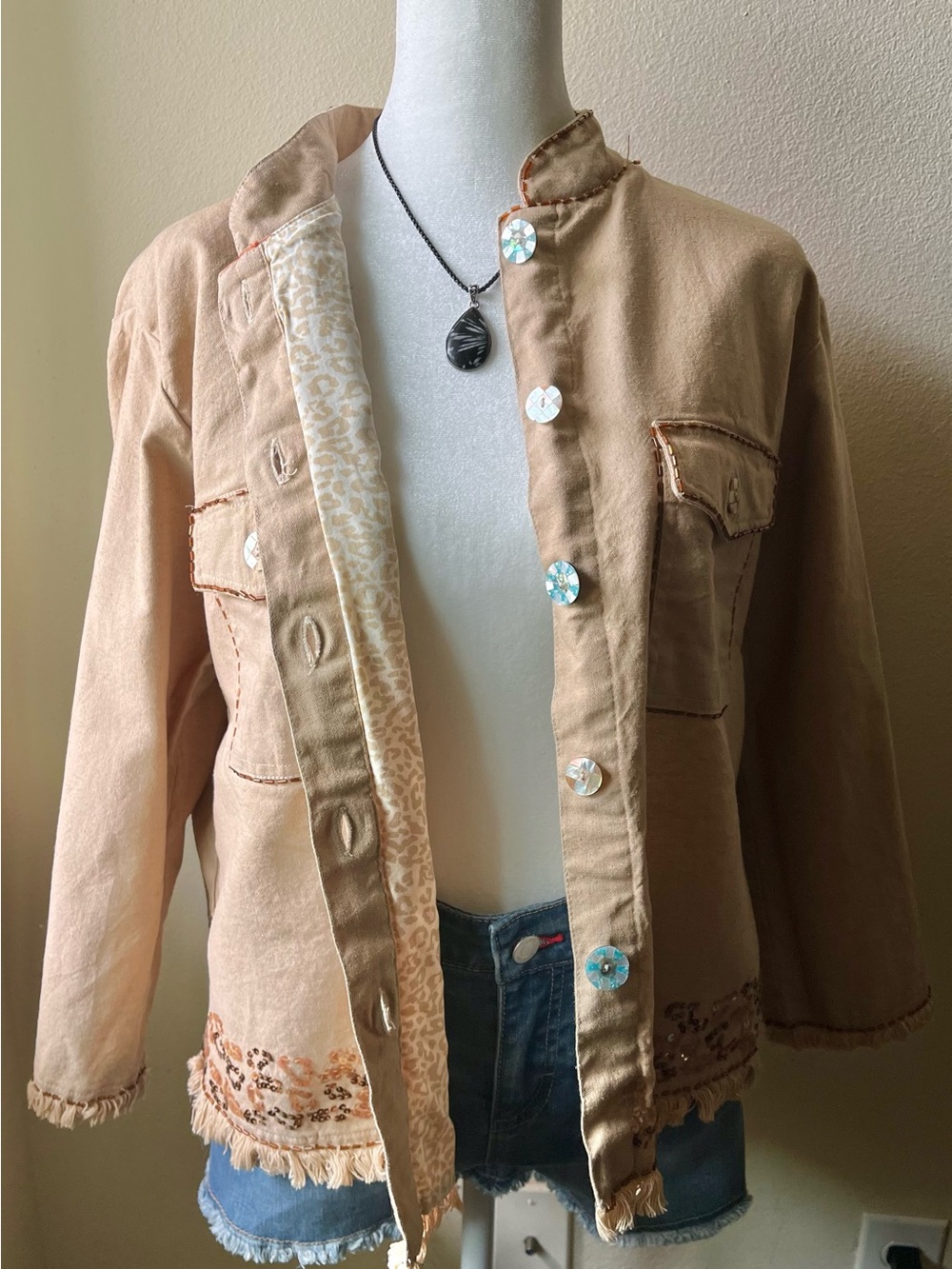 Vintage Tan Faith Resortwear Jacket with Embroidered and Sequined Details